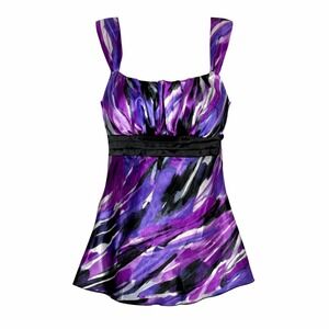 Womens Satin Babydoll Top Size XS Purple Black Abstract Empire Waist Y2K